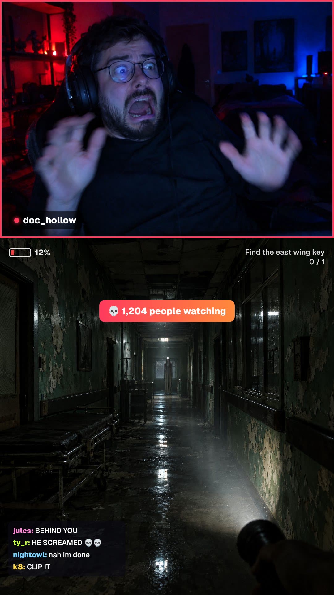 Example clip: an invented streamer startled by a horror game scene