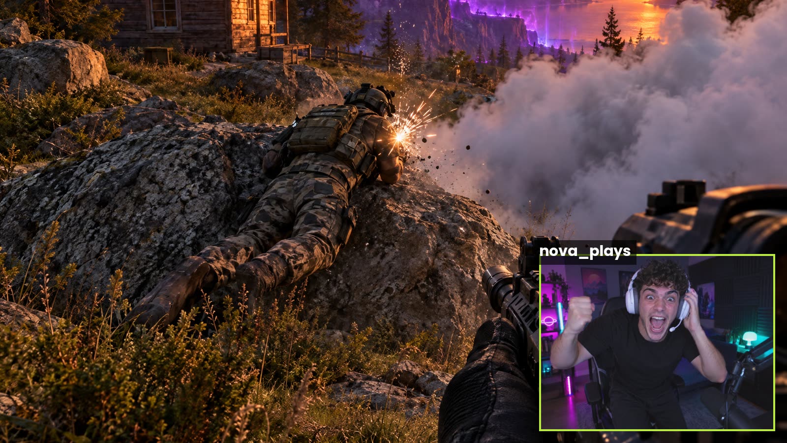 Example stream frame: gameplay with the invented streamer nova_plays on facecam